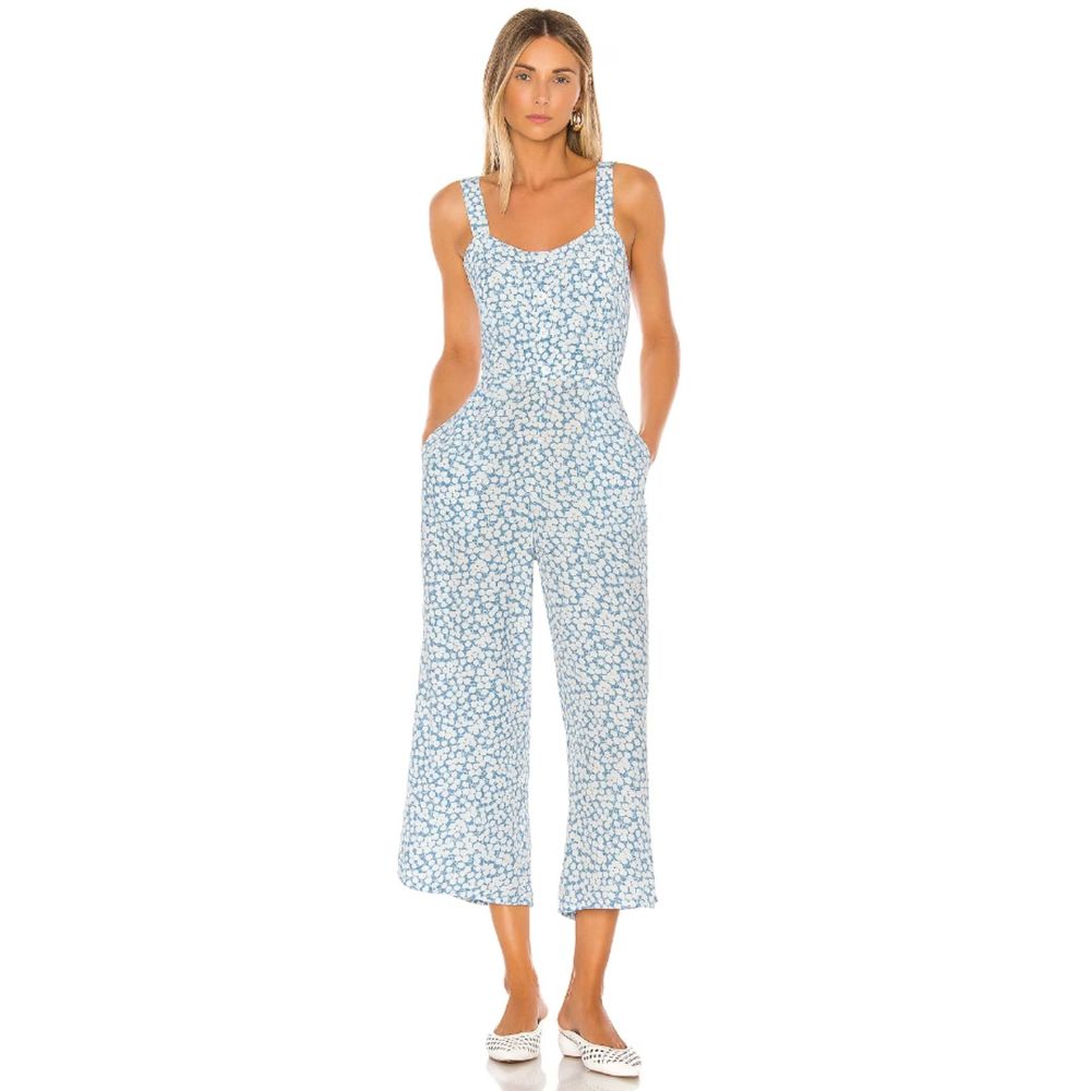 NWT Faithfull The Brand Marija Jumpsuit Wide Leg Riviera Blue Floral Size 8